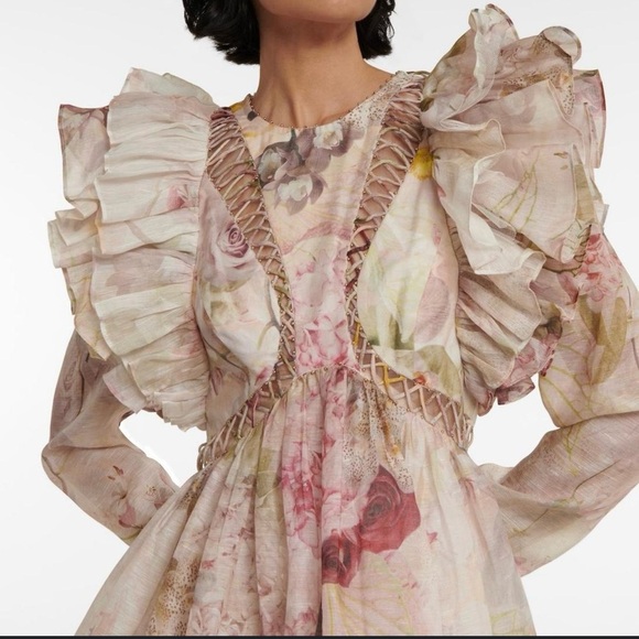 NWT Zimmermann Dancer Laced Midi Ruffled Floral Print Linen And Silk Size 0 - Picture 3 of 13